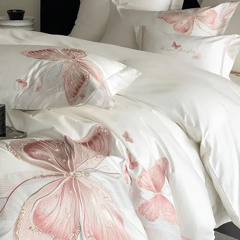Flytonn-1000TC Egyptian Cotton White Luxury Bedding Set Chic Butterfly Embroidery Queen King Size Duvet Cover Set Bed Sheet Pillowcases