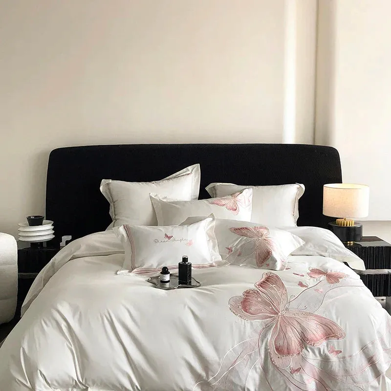 Flytonn-1000TC Egyptian Cotton White Luxury Bedding Set Chic Butterfly Embroidery Queen King Size Duvet Cover Set Bed Sheet Pillowcases