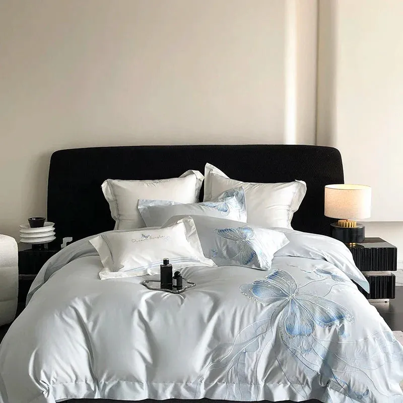 Flytonn-1000TC Egyptian Cotton White Luxury Bedding Set Chic Butterfly Embroidery Queen King Size Duvet Cover Set Bed Sheet Pillowcases