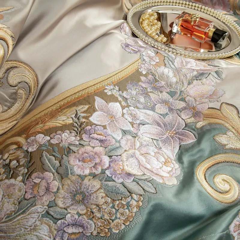 Flytonn-4/6/9Pcs Gorgeous Vintage Flowers And Gold Embroidery Bedding Set Brocade Egyptian Cotton Duvet Cover Set Bed Sheet Pillowcases