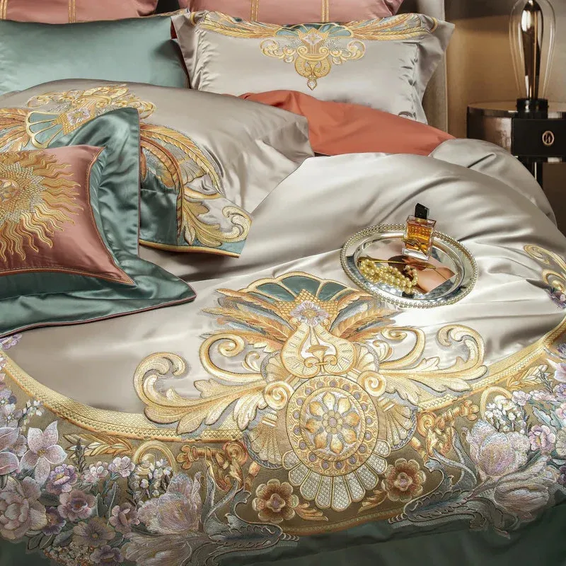 Flytonn-4/6/9Pcs Gorgeous Vintage Flowers And Gold Embroidery Bedding Set Brocade Egyptian Cotton Duvet Cover Set Bed Sheet Pillowcases
