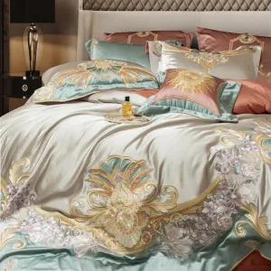 Flytonn-4/6/9Pcs Gorgeous Vintage Flowers And Gold Embroidery Bedding Set Brocade Egyptian Cotton Duvet Cover Set Bed Sheet Pillowcases