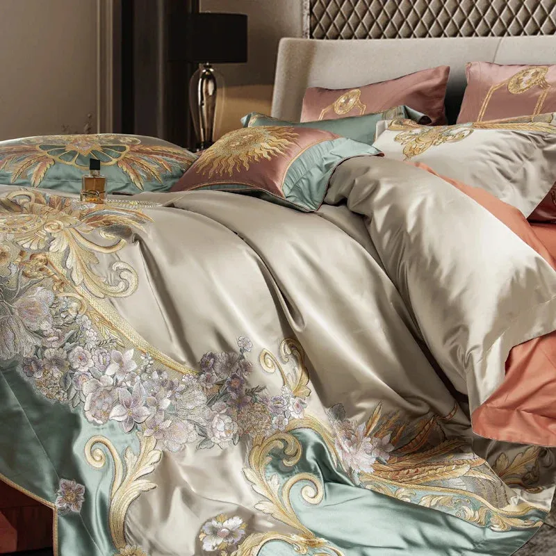 Flytonn-4/6/9Pcs Gorgeous Vintage Flowers And Gold Embroidery Bedding Set Brocade Egyptian Cotton Duvet Cover Set Bed Sheet Pillowcases