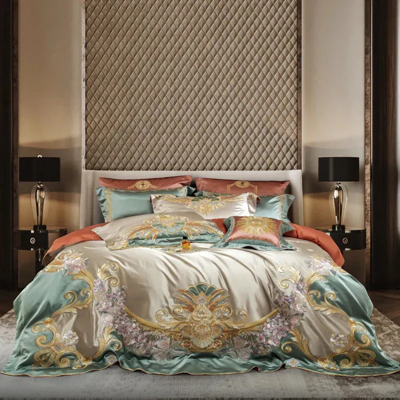 Flytonn-4/6/9Pcs Gorgeous Vintage Flowers And Gold Embroidery Bedding Set Brocade Egyptian Cotton Duvet Cover Set Bed Sheet Pillowcases