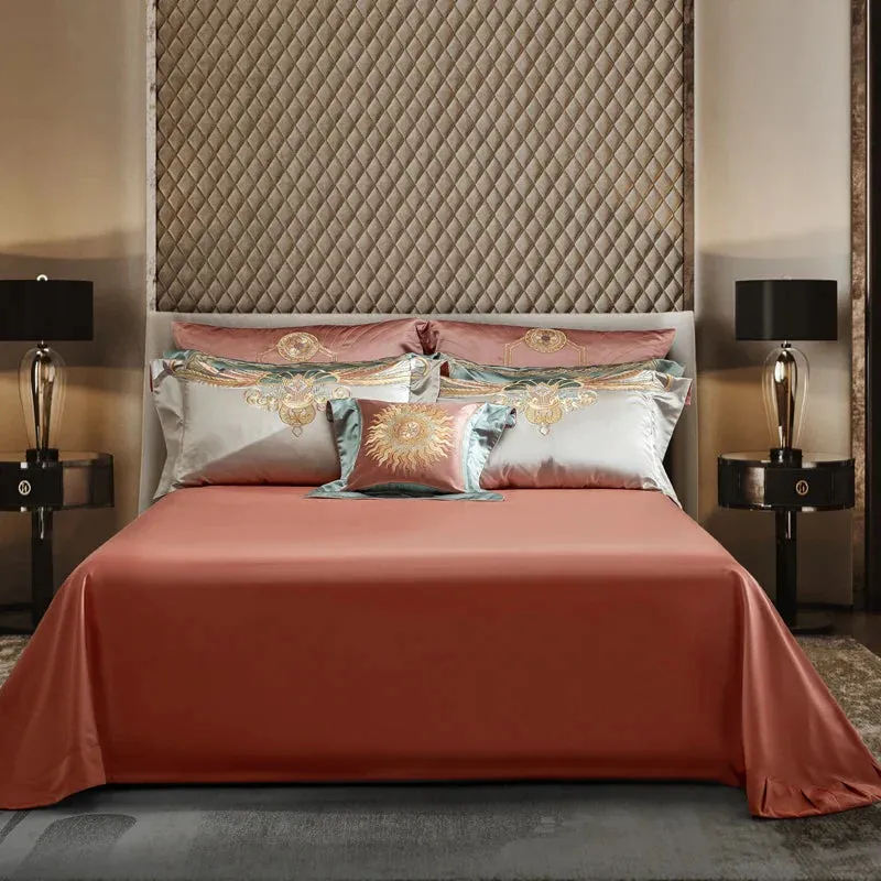 Flytonn-4/6/9Pcs Gorgeous Vintage Flowers And Gold Embroidery Bedding Set Brocade Egyptian Cotton Duvet Cover Set Bed Sheet Pillowcases