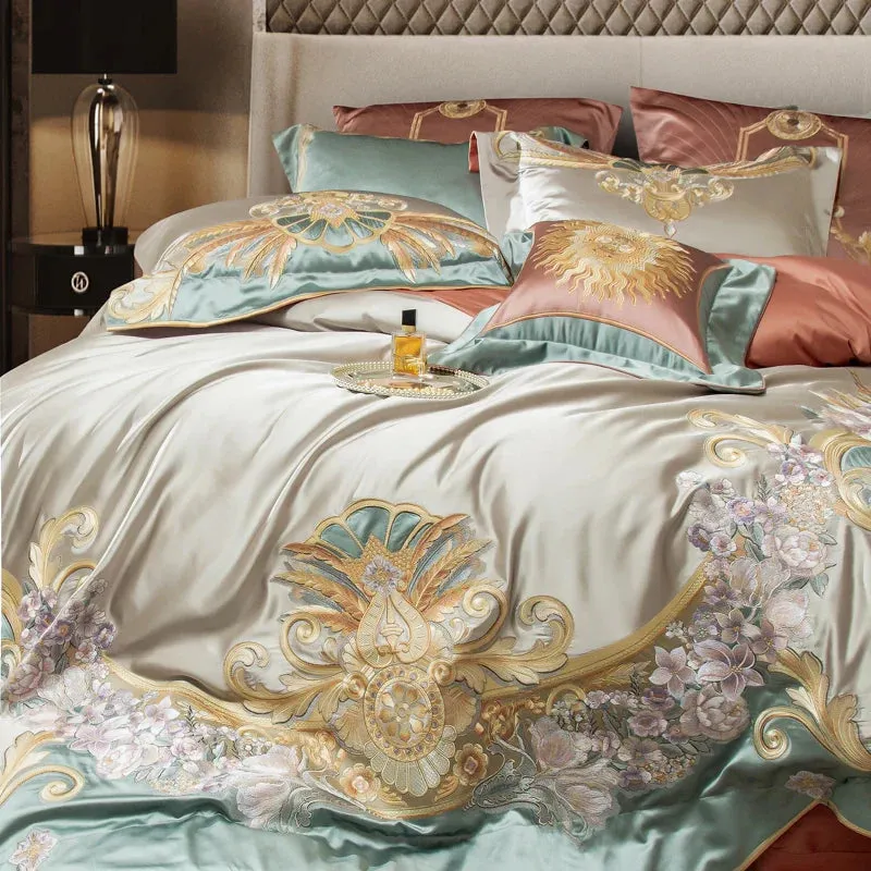 Flytonn-4/6/9Pcs Gorgeous Vintage Flowers And Gold Embroidery Bedding Set Brocade Egyptian Cotton Duvet Cover Set Bed Sheet Pillowcases