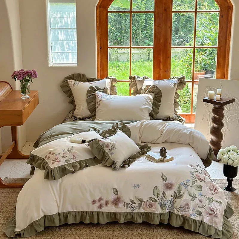 Flytonn-4Pcs Luxury Flowers Embroidery Ruffles Princess Bedding Set 1000TC Egyptian Cotton Brushed Duvet Coves Set Bed Sheet Pillowcases