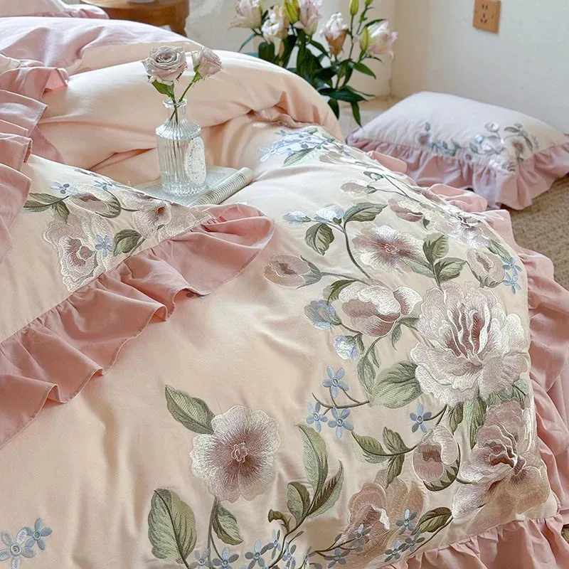 Flytonn-4Pcs Luxury Flowers Embroidery Ruffles Princess Bedding Set 1000TC Egyptian Cotton Brushed Duvet Coves Set Bed Sheet Pillowcases