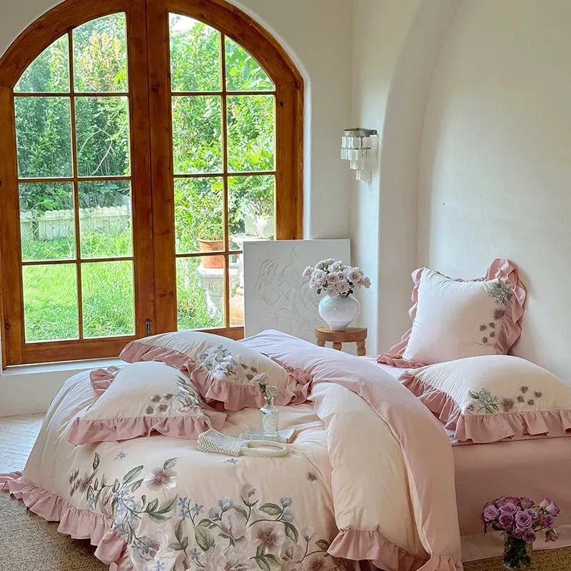 Flytonn-4Pcs Luxury Flowers Embroidery Ruffles Princess Bedding Set 1000TC Egyptian Cotton Brushed Duvet Coves Set Bed Sheet Pillowcases