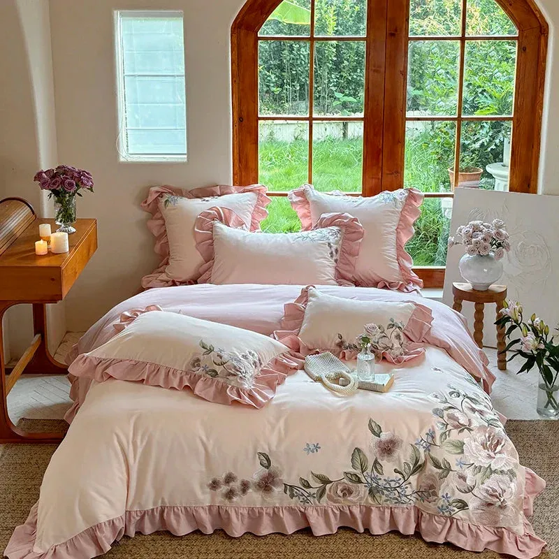 Flytonn-4Pcs Luxury Flowers Embroidery Ruffles Princess Bedding Set 1000TC Egyptian Cotton Brushed Duvet Coves Set Bed Sheet Pillowcases