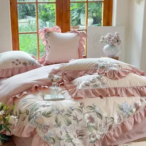 Flytonn-4Pcs Luxury Flowers Embroidery Ruffles Princess Bedding Set 1000TC Egyptian Cotton Brushed Duvet Coves Set Bed Sheet Pillowcases