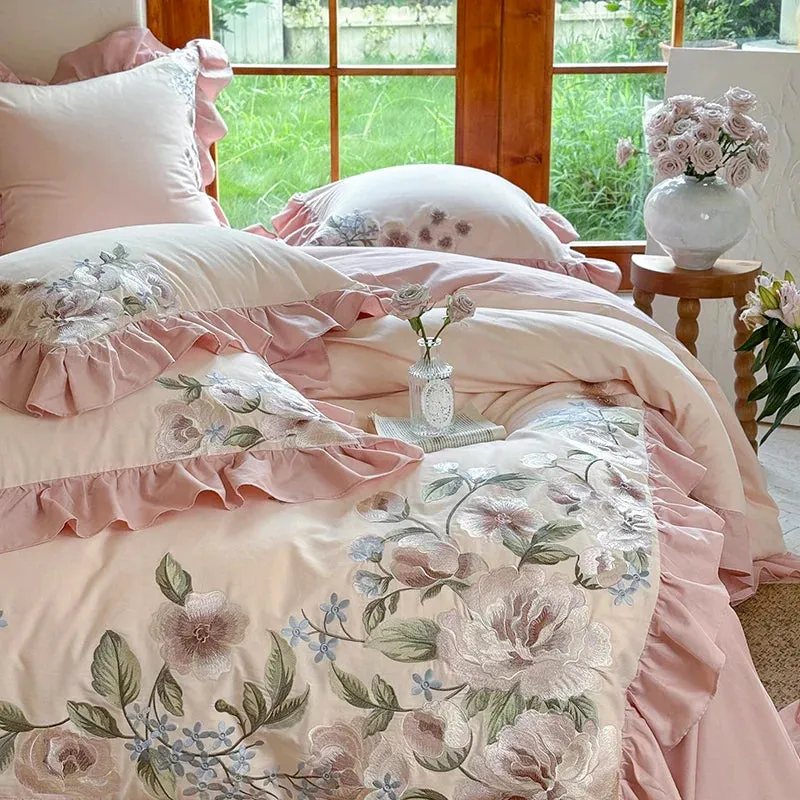 Flytonn-4Pcs Luxury Flowers Embroidery Ruffles Princess Bedding Set 1000TC Egyptian Cotton Brushed Duvet Coves Set Bed Sheet Pillowcases