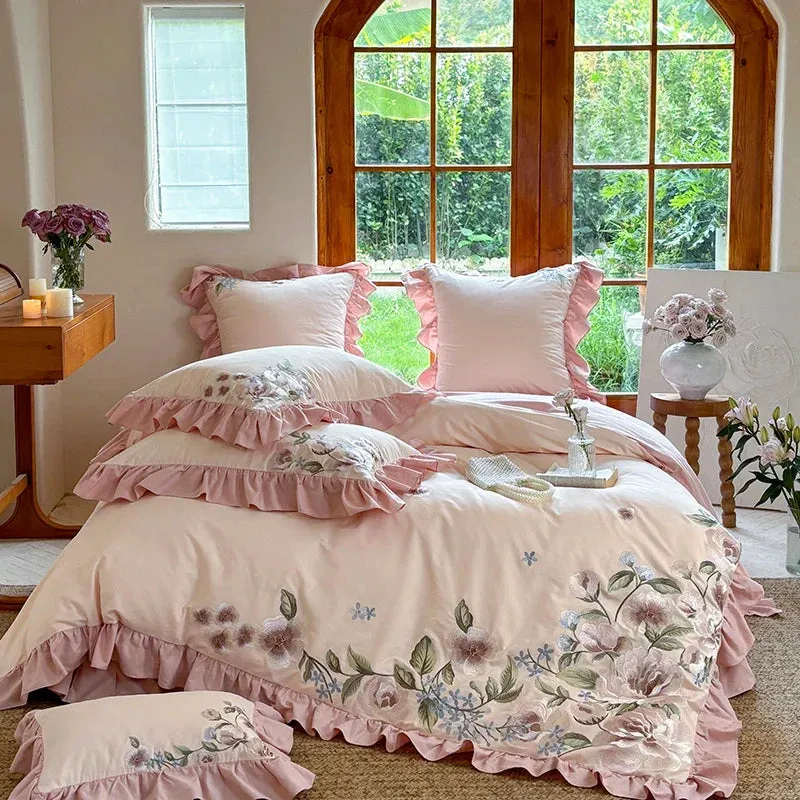 Flytonn-4Pcs Luxury Flowers Embroidery Ruffles Princess Bedding Set 1000TC Egyptian Cotton Brushed Duvet Coves Set Bed Sheet Pillowcases