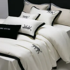 Flytonn-Egyptian Cotton Bedding Set, Leopard Embroidery, Black, Wide Edge Duvet Cover Set, Bed Sheet, Pillowcases, Luxury, high-end 100S