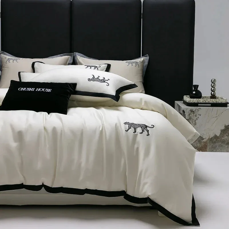 Flytonn-Egyptian Cotton Bedding Set, Leopard Embroidery, Black, Wide Edge Duvet Cover Set, Bed Sheet, Pillowcases, Luxury, high-end 100S