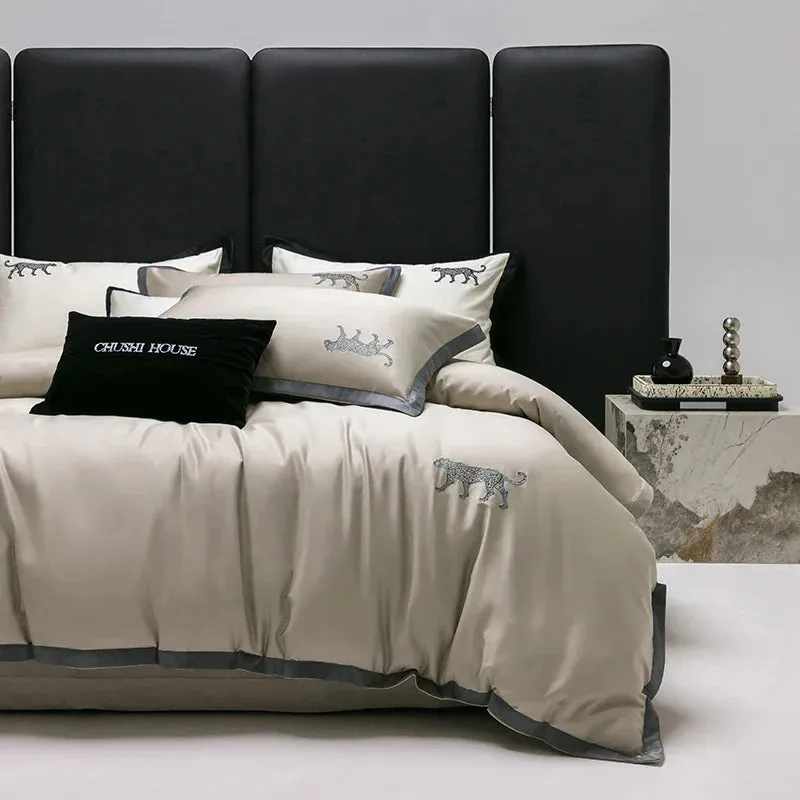 Flytonn-Egyptian Cotton Bedding Set, Leopard Embroidery, Black, Wide Edge Duvet Cover Set, Bed Sheet, Pillowcases, Luxury, high-end 100S