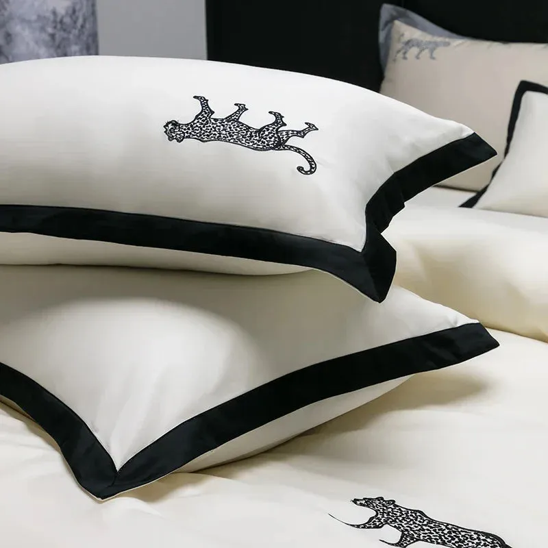 Flytonn-Egyptian Cotton Bedding Set, Leopard Embroidery, Black, Wide Edge Duvet Cover Set, Bed Sheet, Pillowcases, Luxury, high-end 100S
