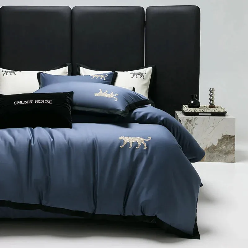 Flytonn-Egyptian Cotton Bedding Set, Leopard Embroidery, Black, Wide Edge Duvet Cover Set, Bed Sheet, Pillowcases, Luxury, high-end 100S