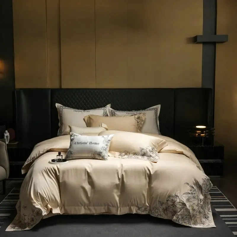 Flytonn-Egyptian Cotton Embroidery Bedding Set, Luxury Duvet Cover Set, 1 x Duvet Cover, 2 Pillowcases, 1 x Flat Sheet, without Core