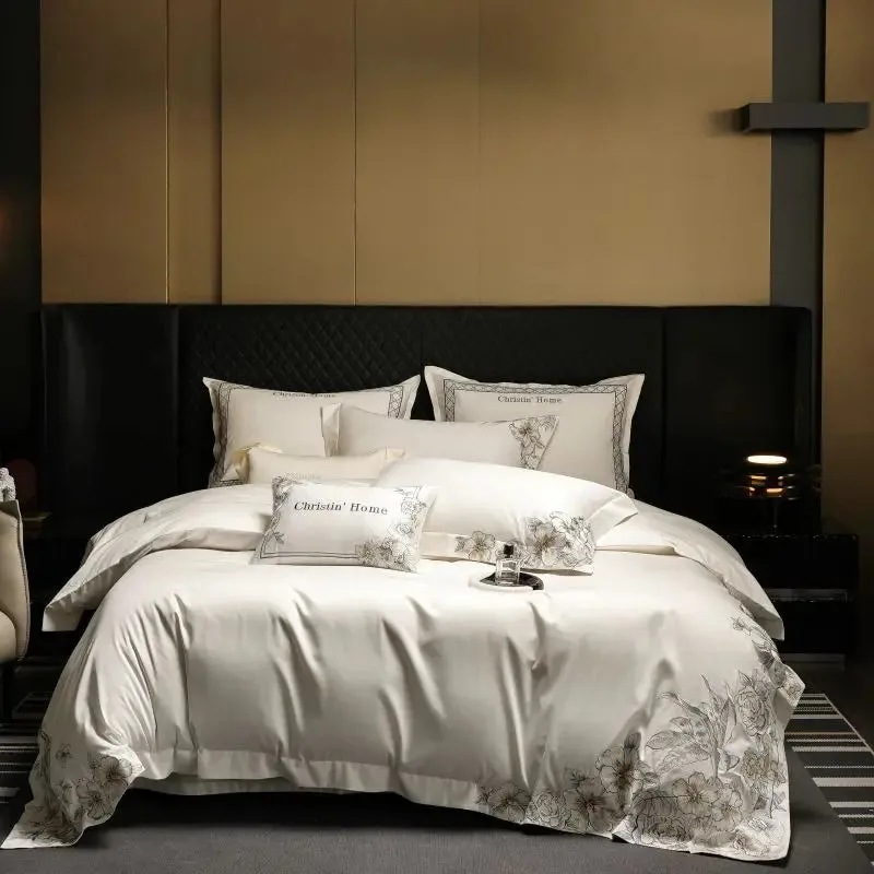 Flytonn-Egyptian Cotton Embroidery Bedding Set, Luxury Duvet Cover Set, 1 x Duvet Cover, 2 Pillowcases, 1 x Flat Sheet, without Core