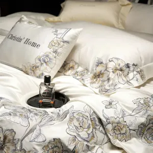 Flytonn-Egyptian Cotton Embroidery Bedding Set, Luxury Duvet Cover Set, 1 x Duvet Cover, 2 Pillowcases, 1 x Flat Sheet, without Core