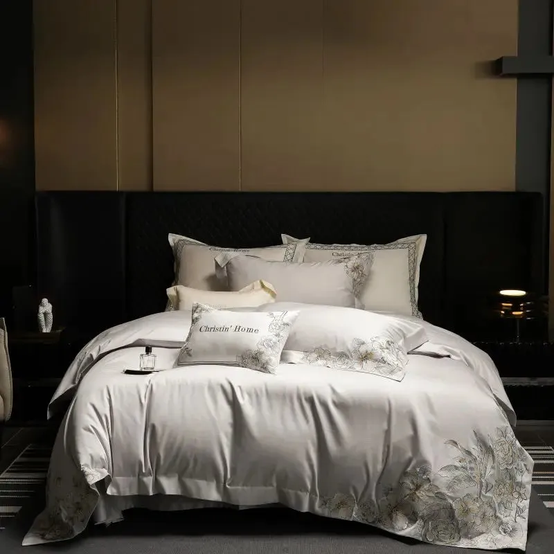 Flytonn-Egyptian Cotton Embroidery Bedding Set, Luxury Duvet Cover Set, 1 x Duvet Cover, 2 Pillowcases, 1 x Flat Sheet, without Core