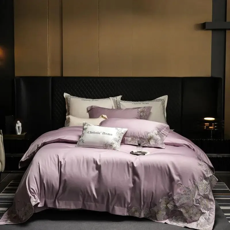 Flytonn-Egyptian Cotton Embroidery Bedding Set, Luxury Duvet Cover Set, 1 x Duvet Cover, 2 Pillowcases, 1 x Flat Sheet, without Core