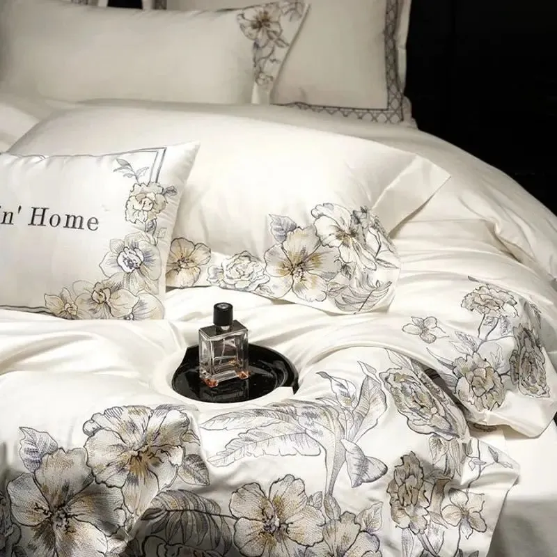 Flytonn-Egyptian Cotton Embroidery Bedding Set, Luxury Duvet Cover Set, 1 x Duvet Cover, 2 Pillowcases, 1 x Flat Sheet, without Core