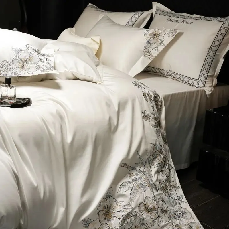 Flytonn-Egyptian Cotton Embroidery Bedding Set, Luxury Duvet Cover Set, 1 x Duvet Cover, 2 Pillowcases, 1 x Flat Sheet, without Core