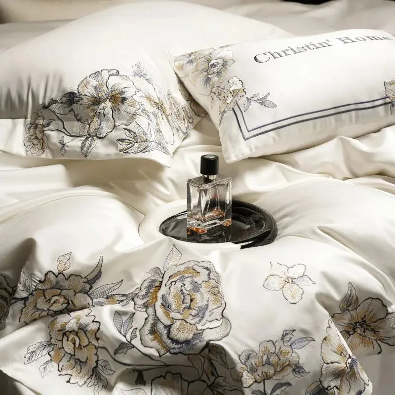 Flytonn-Egyptian Cotton Embroidery Bedding Set, Luxury Duvet Cover Set, 1 x Duvet Cover, 2 Pillowcases, 1 x Flat Sheet, without Core