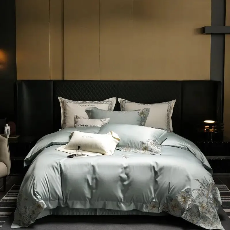 Flytonn-Egyptian Cotton Embroidery Bedding Set, Luxury Duvet Cover Set, 1 x Duvet Cover, 2 Pillowcases, 1 x Flat Sheet, without Core