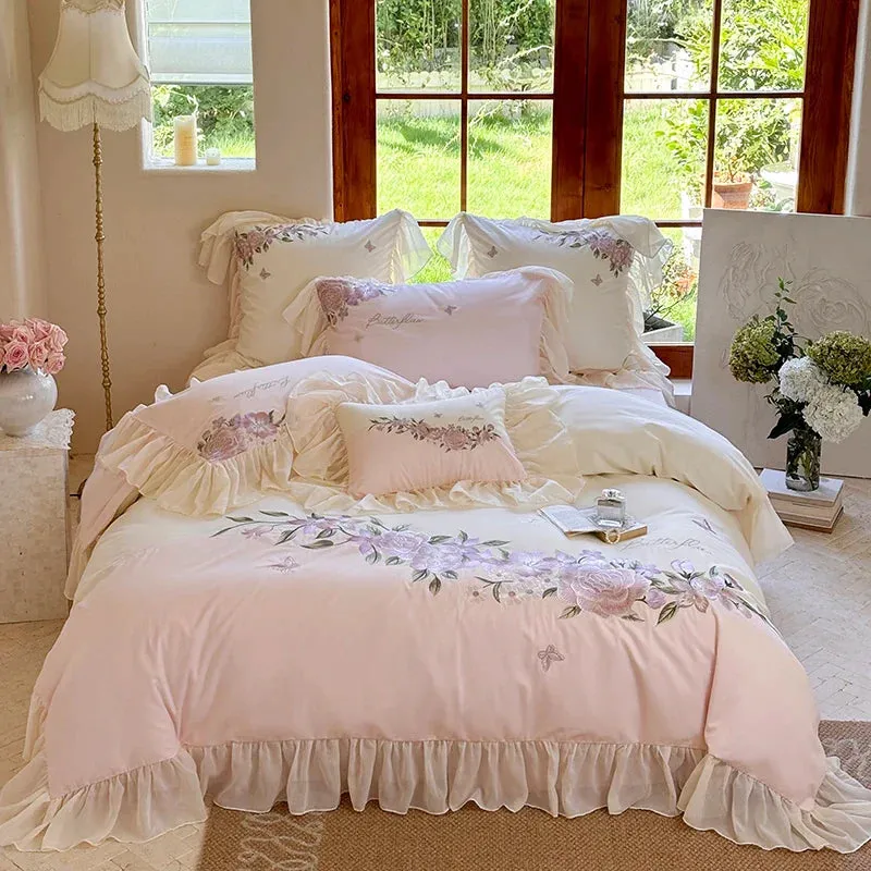 Flytonn-Flowers Embroidery Lace Ruffles Princess Wedding Bedding Set 1000TC Egyptian Cotton Brushed Duvet Cover Set Bed Sheet Pillowcase