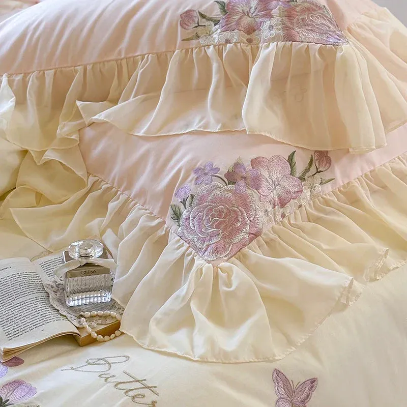 Flytonn-Flowers Embroidery Lace Ruffles Princess Wedding Bedding Set 1000TC Egyptian Cotton Brushed Duvet Cover Set Bed Sheet Pillowcase