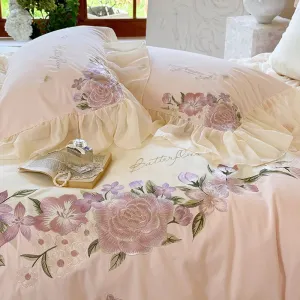 Flytonn-Flowers Embroidery Lace Ruffles Princess Wedding Bedding Set 1000TC Egyptian Cotton Brushed Duvet Cover Set Bed Sheet Pillowcase