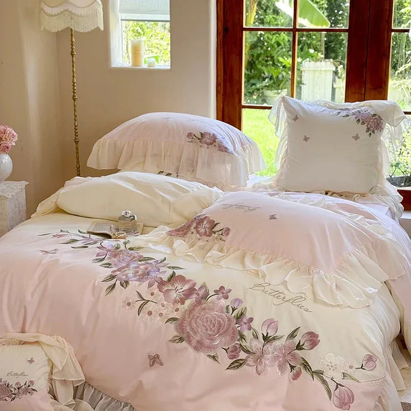 Flytonn-Flowers Embroidery Lace Ruffles Princess Wedding Bedding Set 1000TC Egyptian Cotton Brushed Duvet Cover Set Bed Sheet Pillowcase