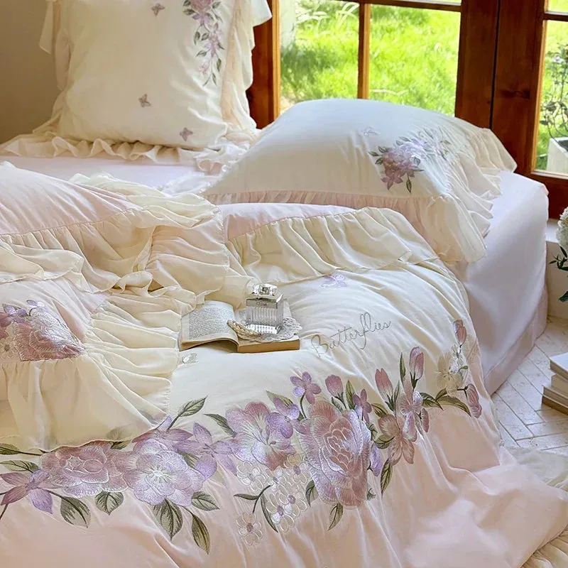 Flytonn-Flowers Embroidery Lace Ruffles Princess Wedding Bedding Set 1000TC Egyptian Cotton Brushed Duvet Cover Set Bed Sheet Pillowcase