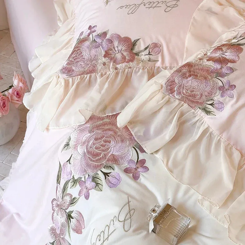 Flytonn-Flowers Embroidery Lace Ruffles Princess Wedding Bedding Set 1000TC Egyptian Cotton Brushed Duvet Cover Set Bed Sheet Pillowcase