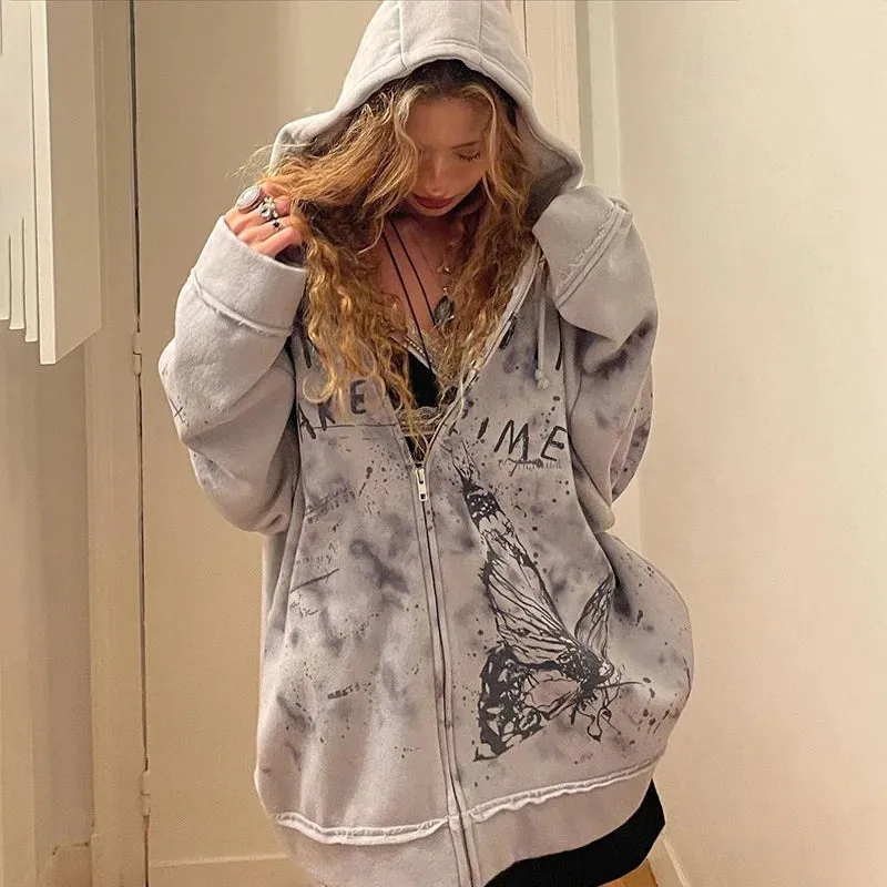 Flytonn-Halloween Outfits Halloween Gifts Gothic Style Gothic Hoodies Women Clothes Streetwear Zip Up Long Sleeve Butterfly Print Hooded Winter Punk  Harajuku  Sweatshirt  Hoodies