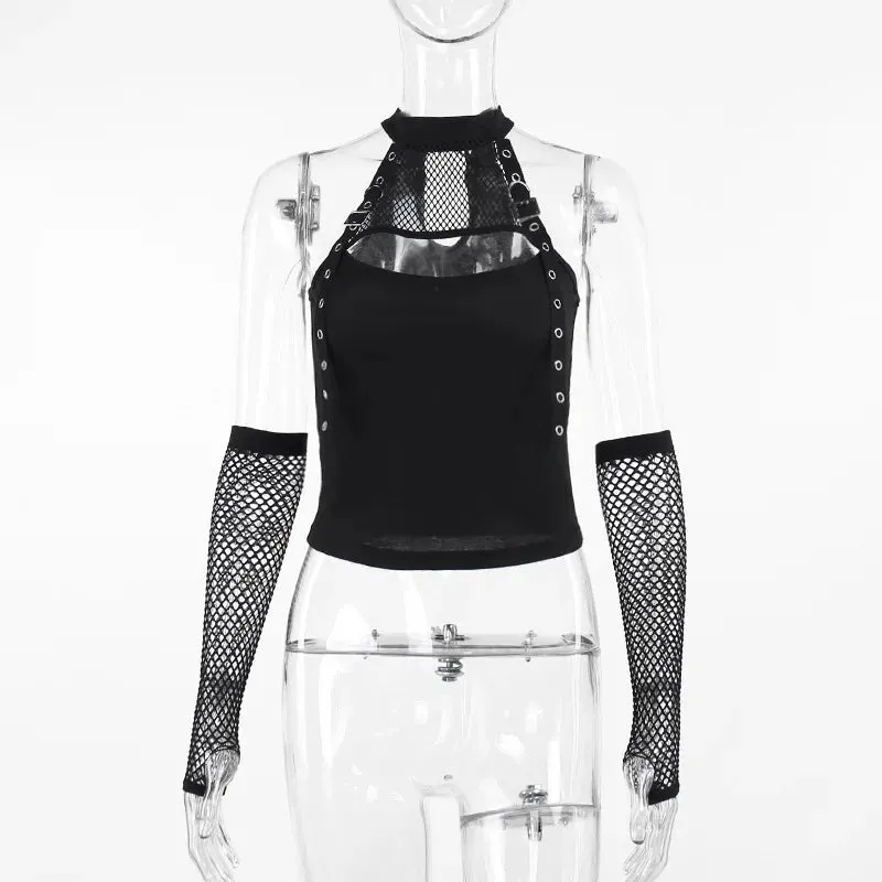 Flytonn-Halloween Outfits Halloween Gifts Gothic Style Spring 2024 New Dark Sexy Strap Tank Top with Spicy Girl Hanging Neck Fishing Net Tank Top  Women's Short Tight Top with Sleeves