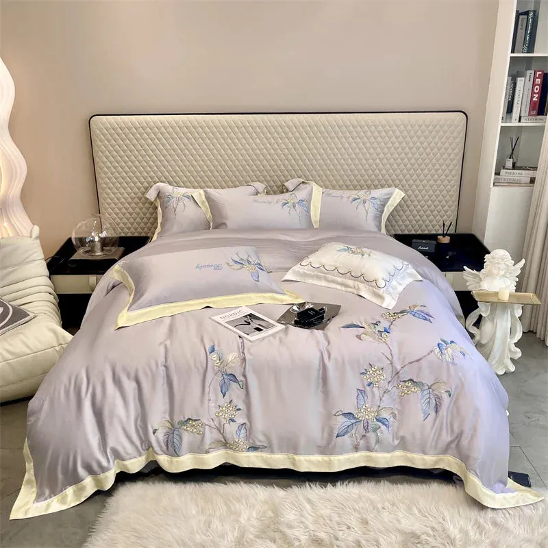 Flytonn-Natural Healthy Bamboo Fiber Bedding Set Soft Smooth Raspberry Flower Embroidery Duvet Cover Set Flat/Fitted Sheet Pillowcases