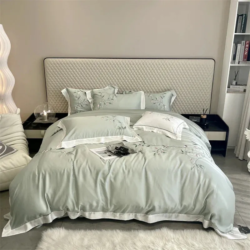 Flytonn-Natural Healthy Bamboo Fiber Bedding Set Soft Smooth Raspberry Flower Embroidery Duvet Cover Set Flat/Fitted Sheet Pillowcases