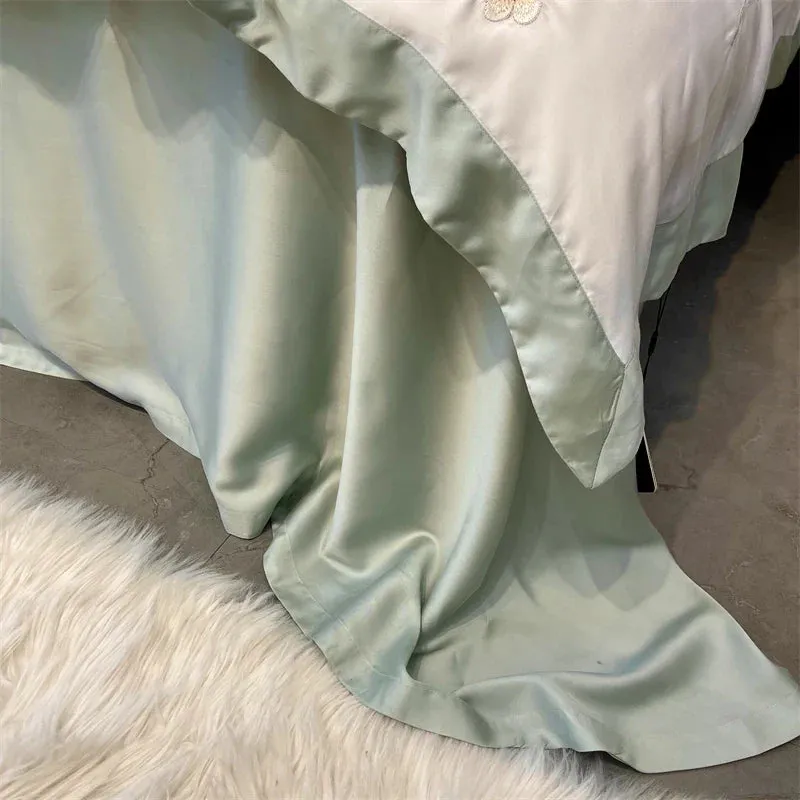 Flytonn-Natural Healthy Bamboo Fiber Bedding Set Soft Smooth Raspberry Flower Embroidery Duvet Cover Set Flat/Fitted Sheet Pillowcases