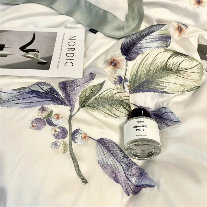 Flytonn-Natural Healthy Bamboo Fiber Bedding Set Soft Smooth Raspberry Flower Embroidery Duvet Cover Set Flat/Fitted Sheet Pillowcases