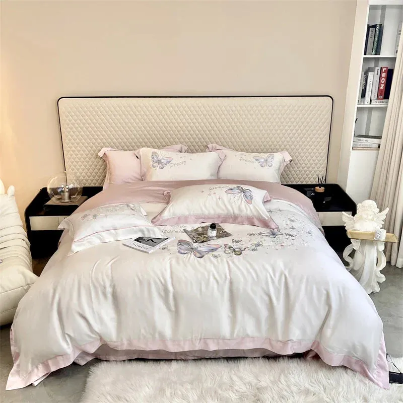 Flytonn-Natural Healthy Bamboo Fiber Bedding Set Soft Smooth Raspberry Flower Embroidery Duvet Cover Set Flat/Fitted Sheet Pillowcases