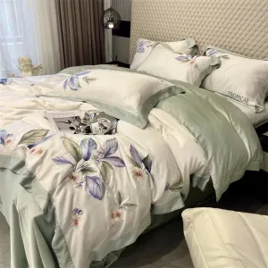 Flytonn-Natural Healthy Bamboo Fiber Bedding Set Soft Smooth Raspberry Flower Embroidery Duvet Cover Set Flat/Fitted Sheet Pillowcases