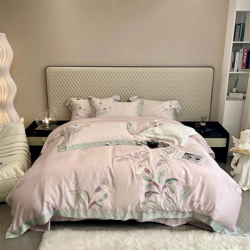 Flytonn-Natural Healthy Bamboo Fiber Bedding Set Soft Smooth Raspberry Flower Embroidery Duvet Cover Set Flat/Fitted Sheet Pillowcases