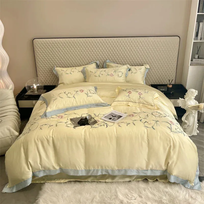 Flytonn-Natural Healthy Bamboo Fiber Bedding Set Soft Smooth Raspberry Flower Embroidery Duvet Cover Set Flat/Fitted Sheet Pillowcases