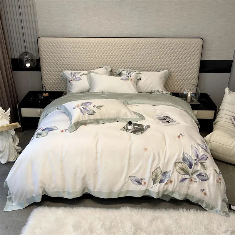Flytonn-Natural Healthy Bamboo Fiber Bedding Set Soft Smooth Raspberry Flower Embroidery Duvet Cover Set Flat/Fitted Sheet Pillowcases