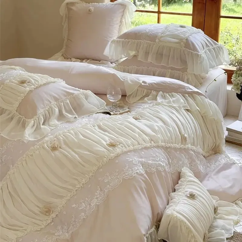 Flytonn-Pink 1000TC Egyptian Cotton Rose Lace Ruffles Princess Wedding Bedding Set 1 Duvet Cover, 1 Flat/Fitted Bed Sheet, 2 Pillowcases