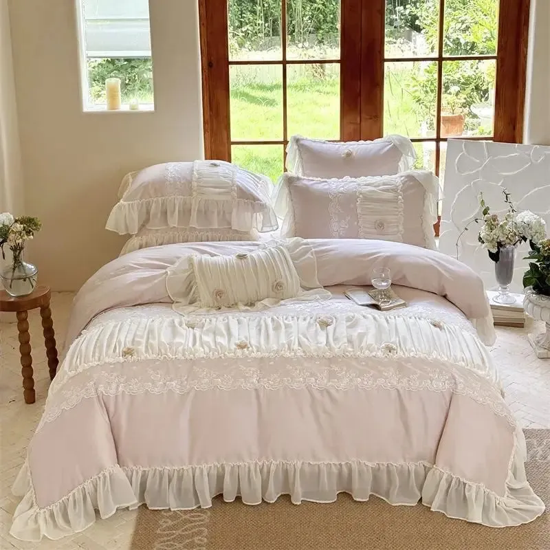 Flytonn-Pink 1000TC Egyptian Cotton Rose Lace Ruffles Princess Wedding Bedding Set 1 Duvet Cover, 1 Flat/Fitted Bed Sheet, 2 Pillowcases